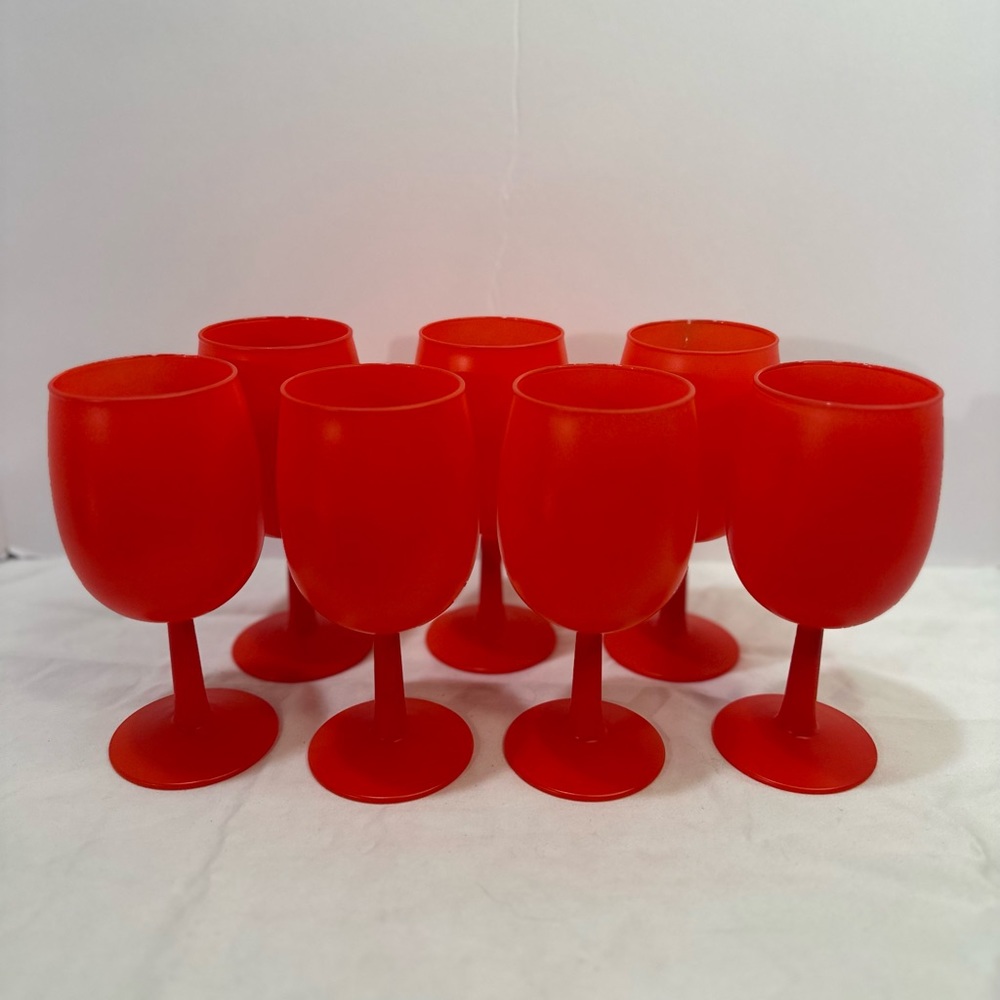 Set of 7 MCM Rainbow Glass Co Red Frosted Footed Glasses